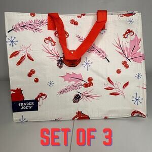 SET 3x Trader Joe's Eat Drink Be Merry Cream Christmas Holiday Gift Tote Bag NWT